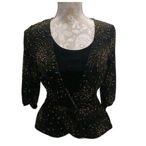 Choices Women's Black Velvet Gold Embellished Top Size Medium Petite